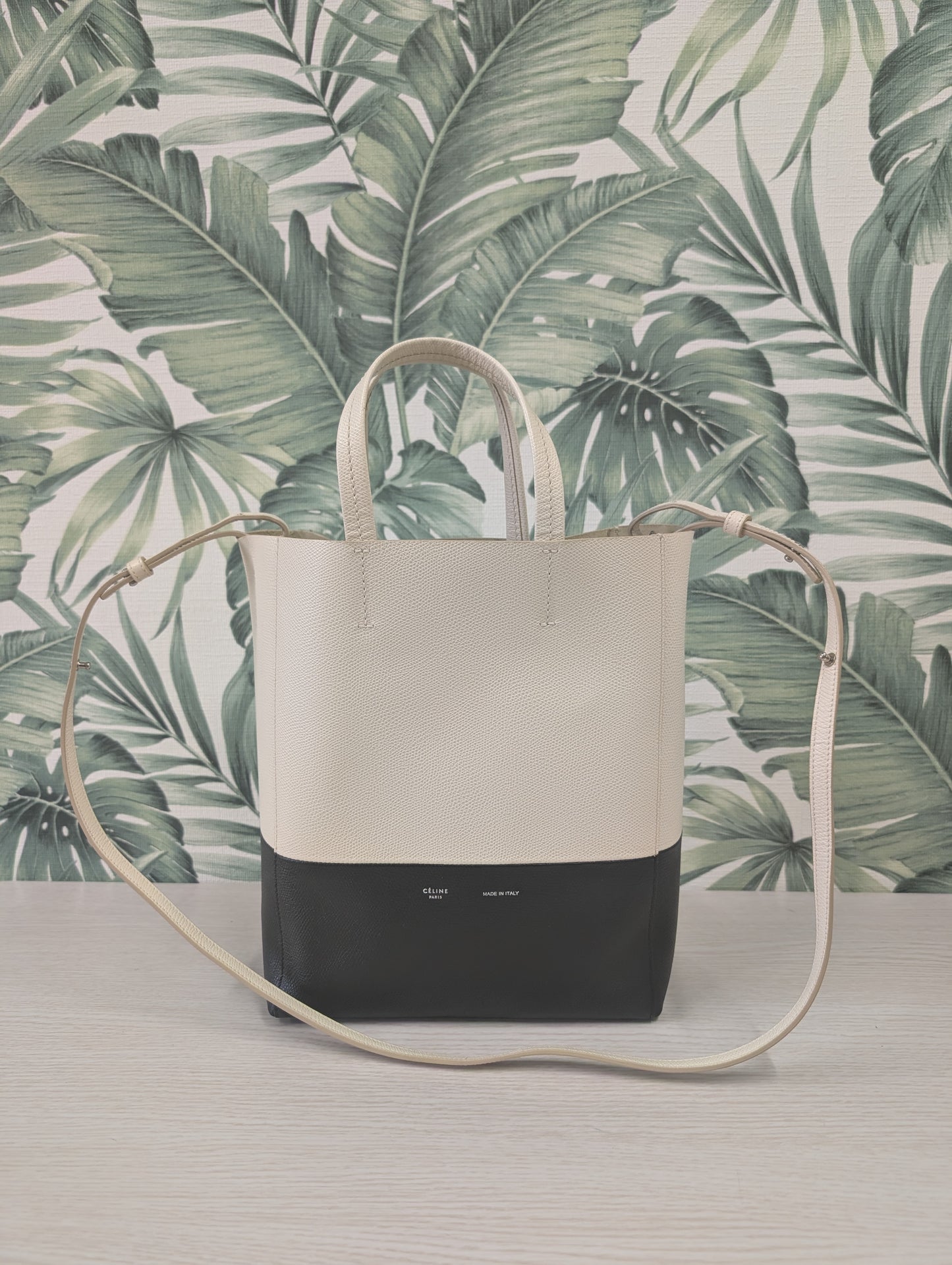Bicolor Grained Calfskin Vertical Cabas Tote Satchel Small
