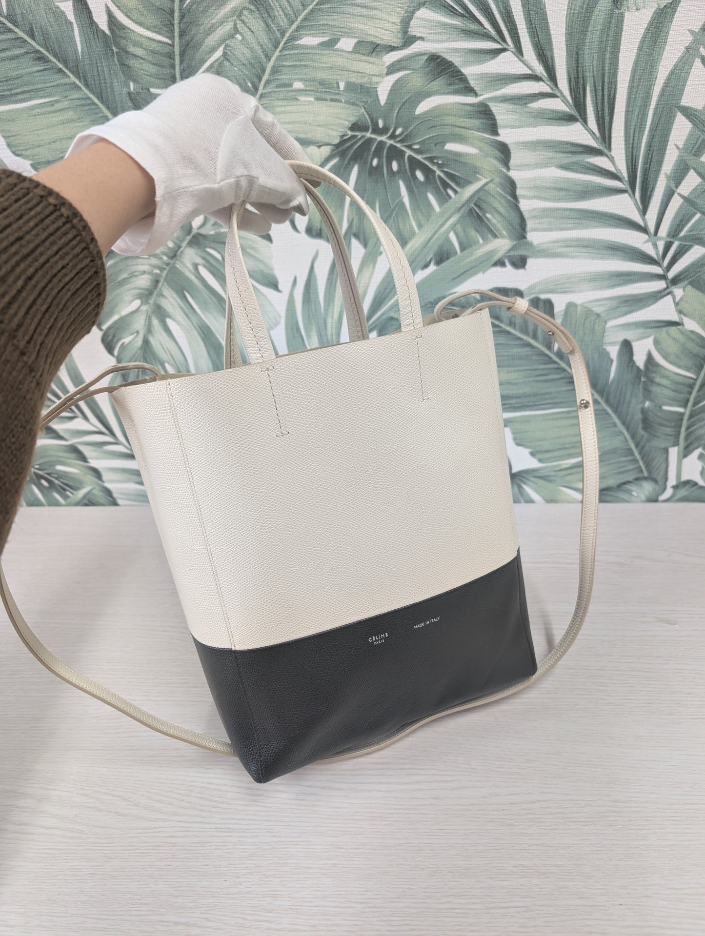 Bicolor Grained Calfskin Vertical Cabas Tote Satchel Small