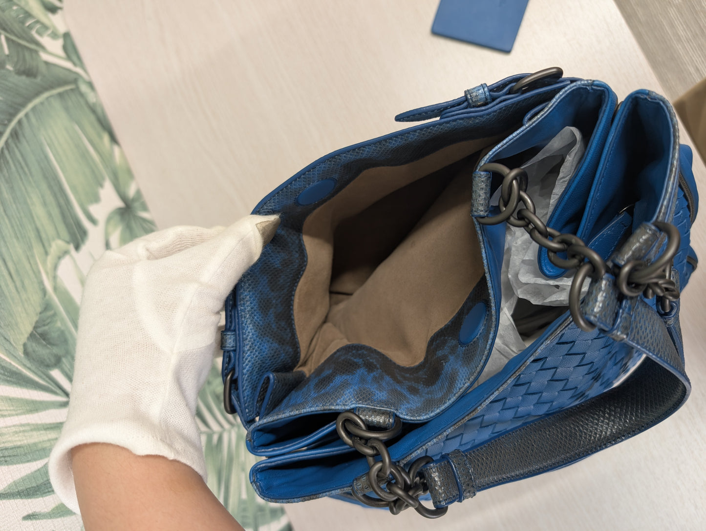 Veneta Belted Zip Chain Tote Intrecciato Nappa with Snakeskin