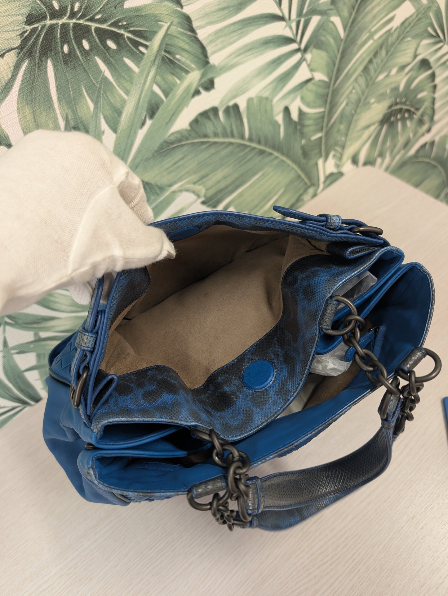 Veneta Belted Zip Chain Tote Intrecciato Nappa with Snakeskin