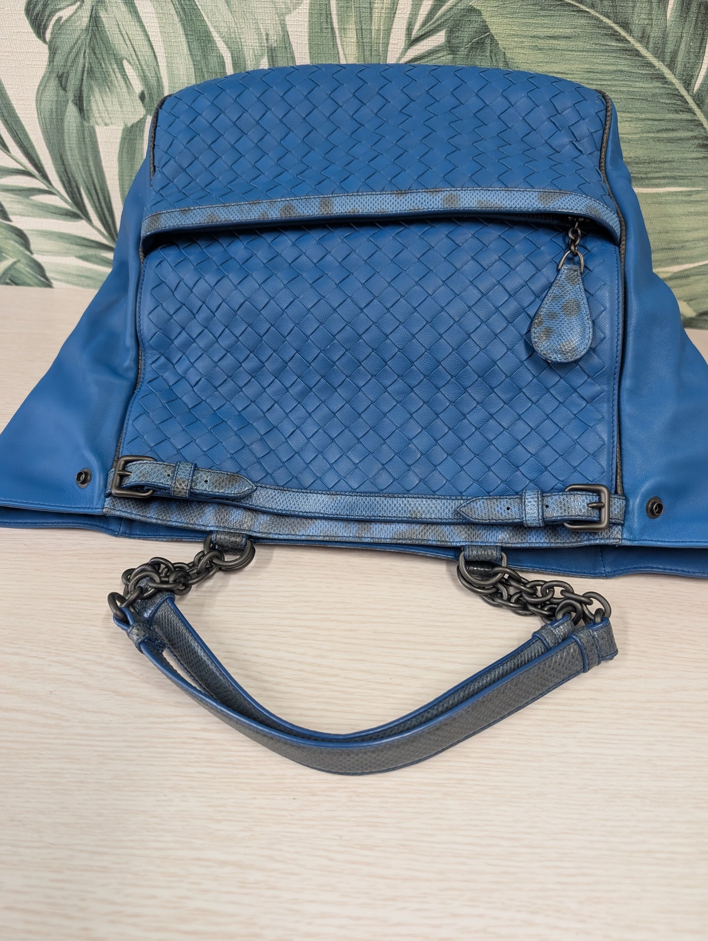 Veneta Belted Zip Chain Tote Intrecciato Nappa with Snakeskin